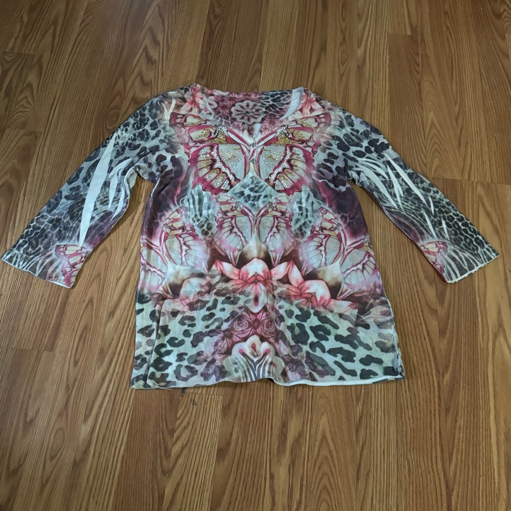 VTG‎ INC Pink Cheetah Print Y2k Rhinestone Butterfly Top S/M Boho Indie Hippie